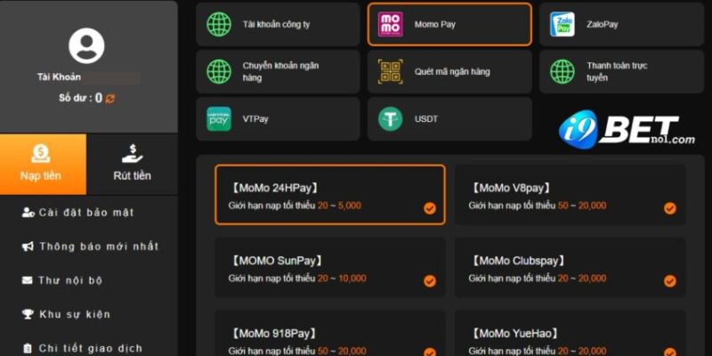 Nạp tiền I9BET bằng ví điện tử Momo cực đơn giản